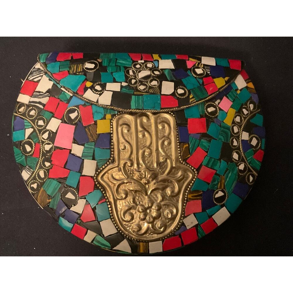 Ramla Clutch Bag Moroccan Mosaic Multi Color Crossbody Gold Hamsa Hand $275